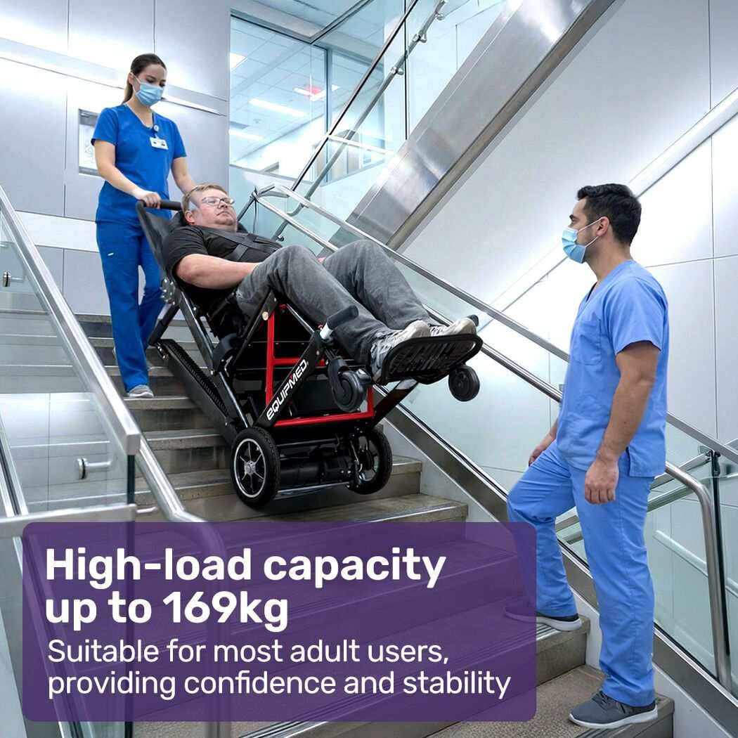 Equipmed Electric Stair Climbing Wheelchair with foldable aluminium frame and 169kg capacity