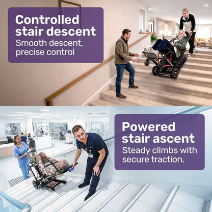 Equipmed Electric Stair Climbing Wheelchair with foldable aluminium frame, lithium battery, and safety harness