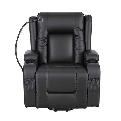 Black Artiss power lift recliner chair with massage, heat, USB port, cup holders, and storage pockets