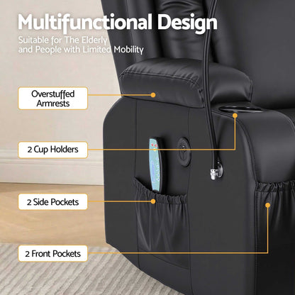 Black Artiss power lift recliner chair with massage, heat, USB port, cup holders, and storage pockets