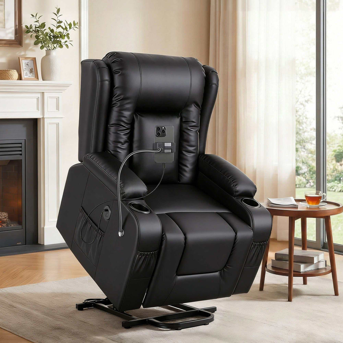 Black Artiss power lift recliner chair with massage, heat, USB port, phone holder, cup holders, and storage pockets