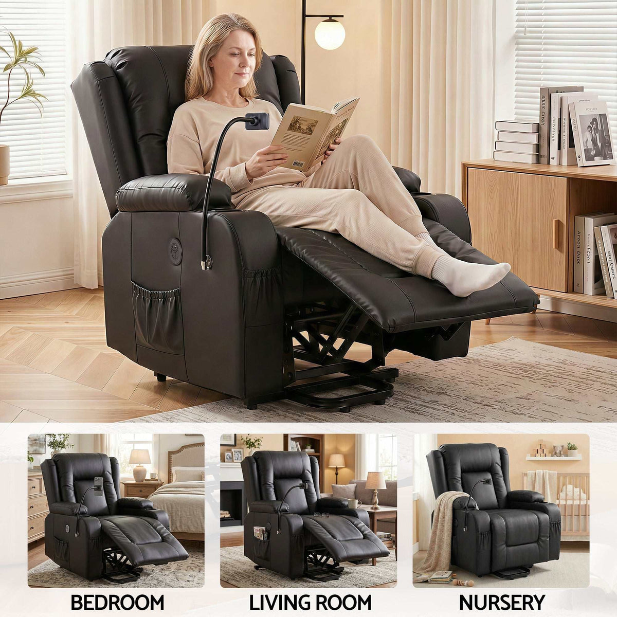 Black Artiss power lift recliner chair with massage, heat, USB port, cup holders, and storage pockets