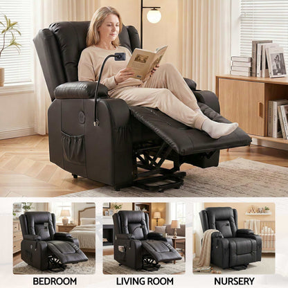 Black Artiss power lift recliner chair with massage, heat, USB port, cup holders, and storage pockets