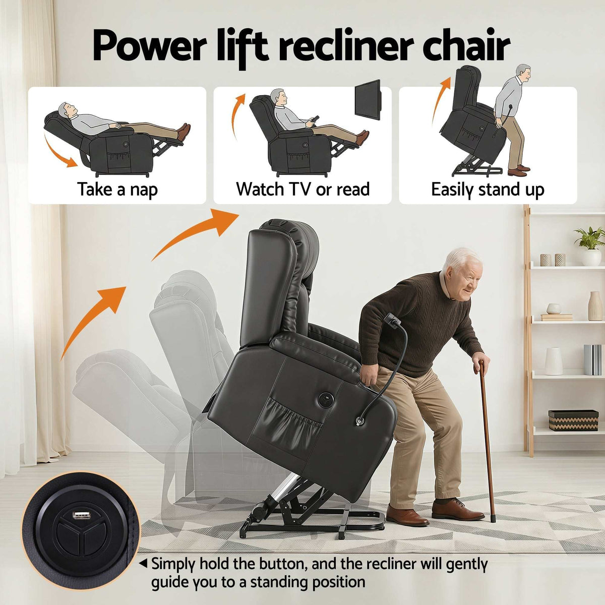 Black Artiss power lift recliner chair with massage, heat, USB port, cup holders, and storage pockets in living room setting