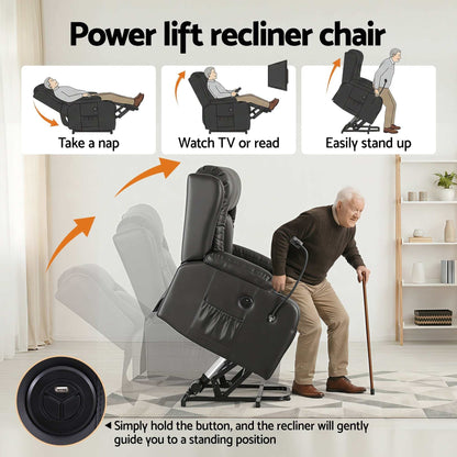 Black Artiss power lift recliner chair with massage, heat, USB port, cup holders, and storage pockets in living room setting