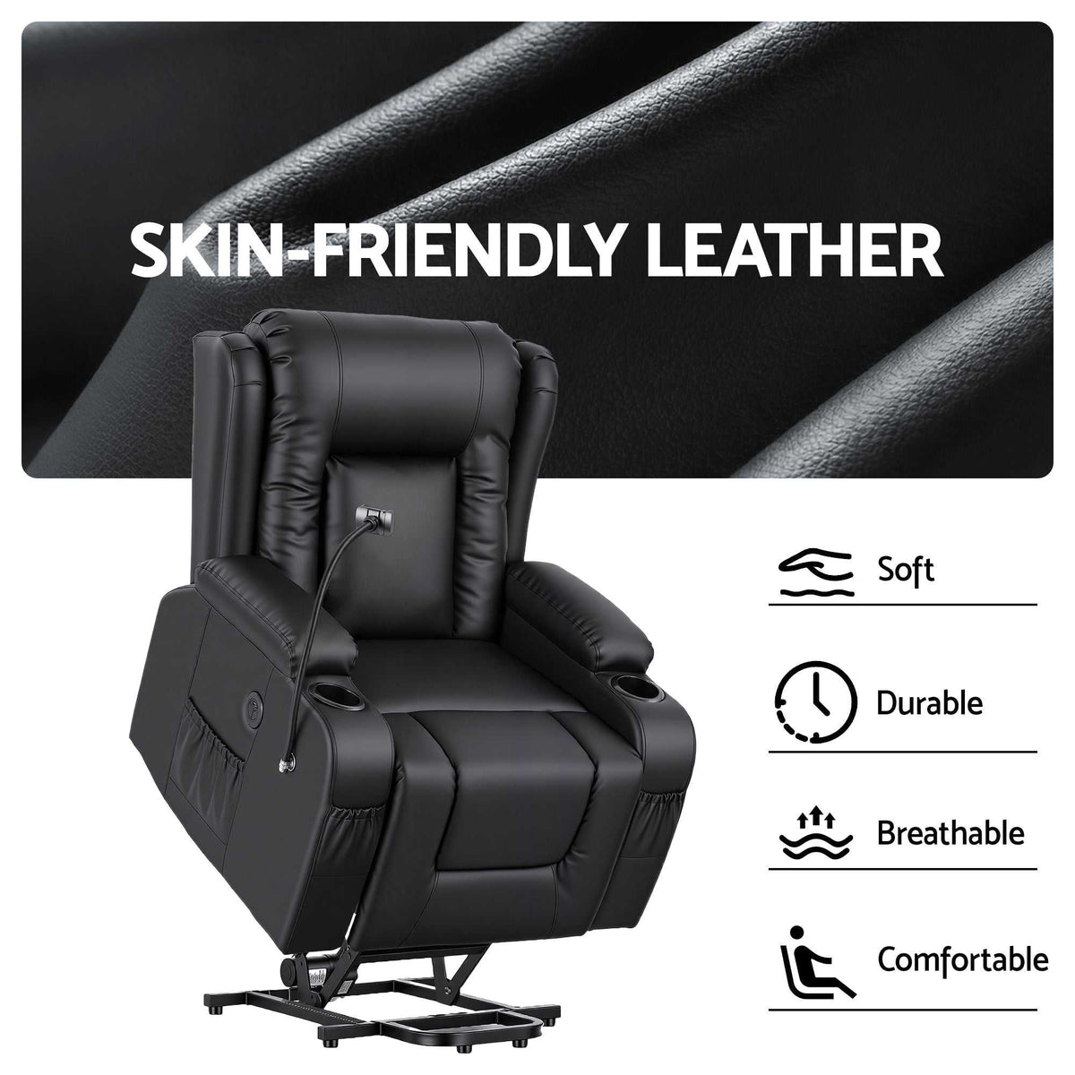 Black Artiss power lift recliner chair with massage, heat, USB port, cup holders, and storage pockets