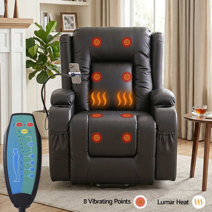 Artiss black PU leather power lift recliner chair with massage, heat, USB port, cup holders, and storage pockets for elderly comfort