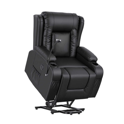 Black Artiss power lift recliner chair with massage, heat, USB port, cup holders, and pockets for elderly comfort in living room
