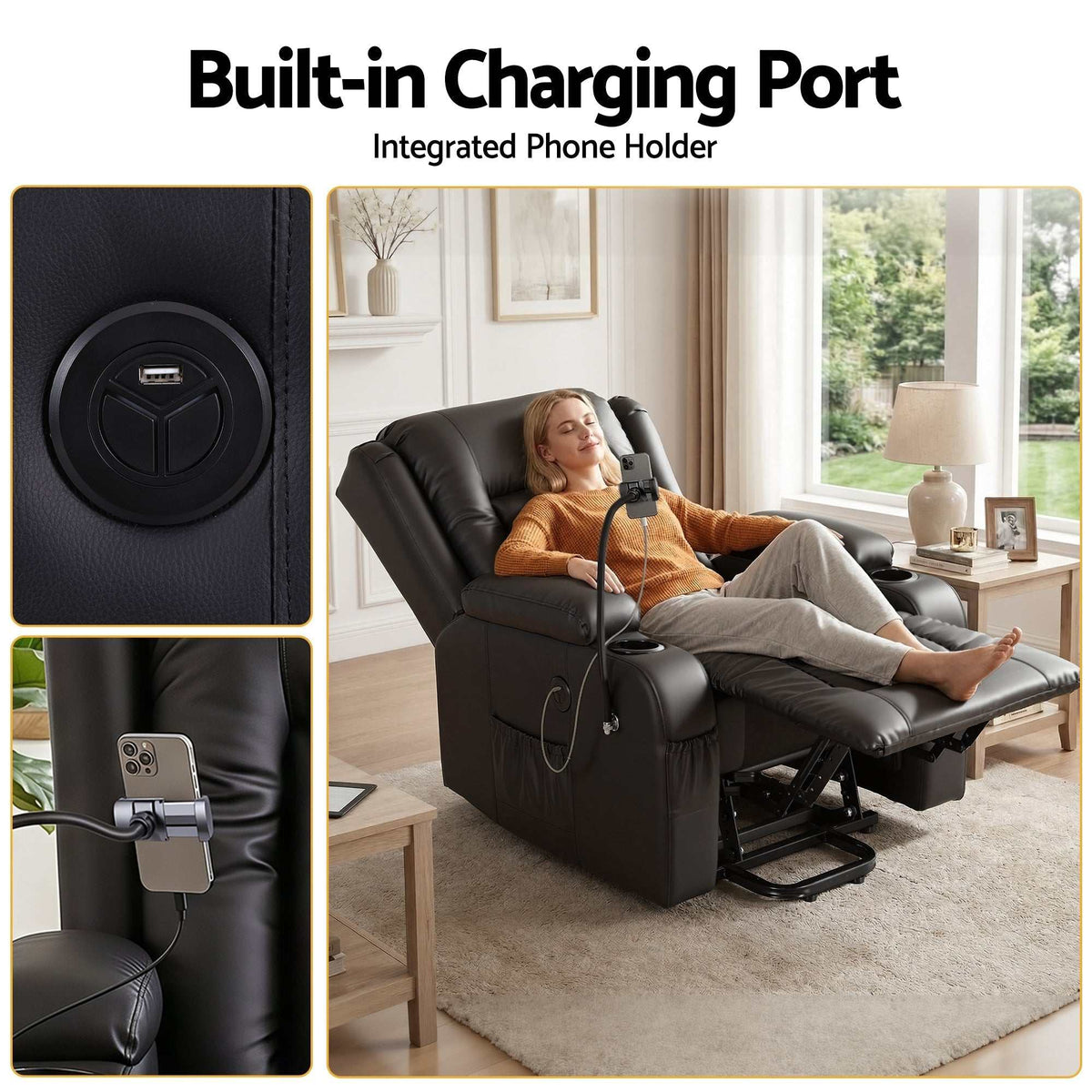 Artiss black power lift recliner chair with massage, heat, USB port, cup holders, and storage pockets