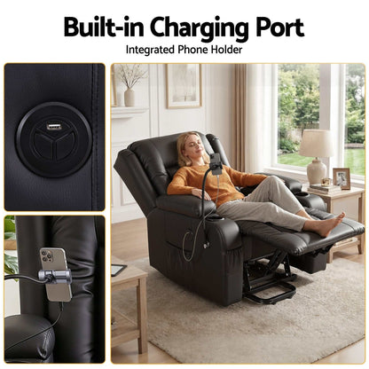 Artiss black power lift recliner chair with massage, heat, USB port, cup holders, and storage pockets