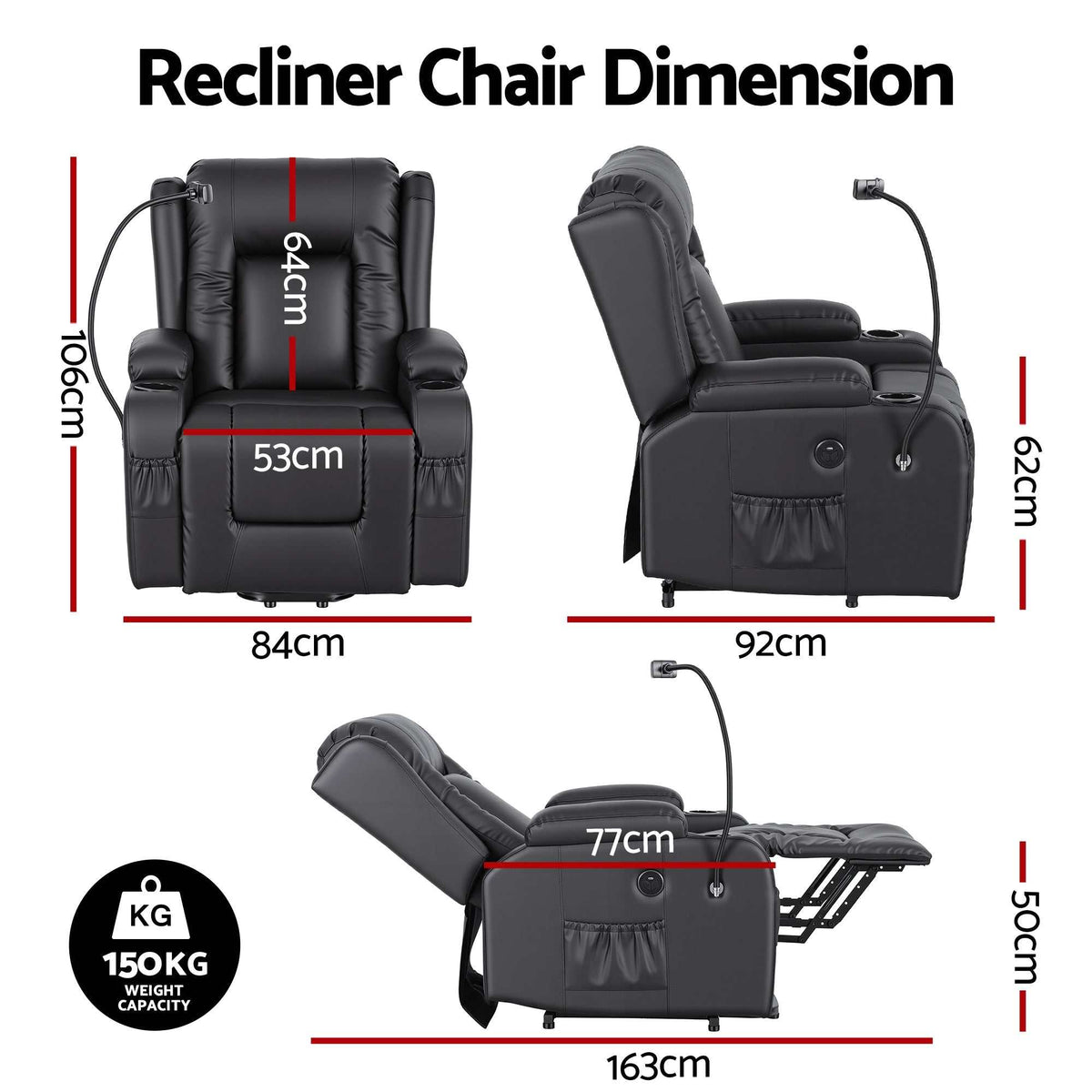 Black Artiss power lift recliner chair with massage, heat, USB port, cup holders, and pockets for elderly comfort