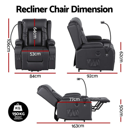 Black Artiss power lift recliner chair with massage, heat, USB port, cup holders, and pockets for elderly comfort