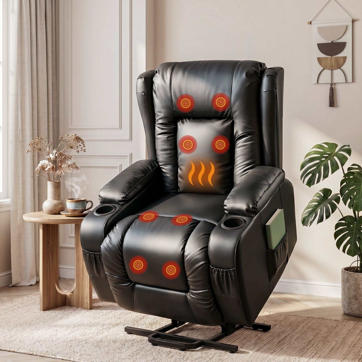 Black Artiss recliner chair with lift assist and 8-point heated massage in PU leather