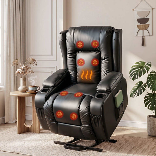 Black Artiss recliner chair with lift assist and 8-point heated massage in PU leather