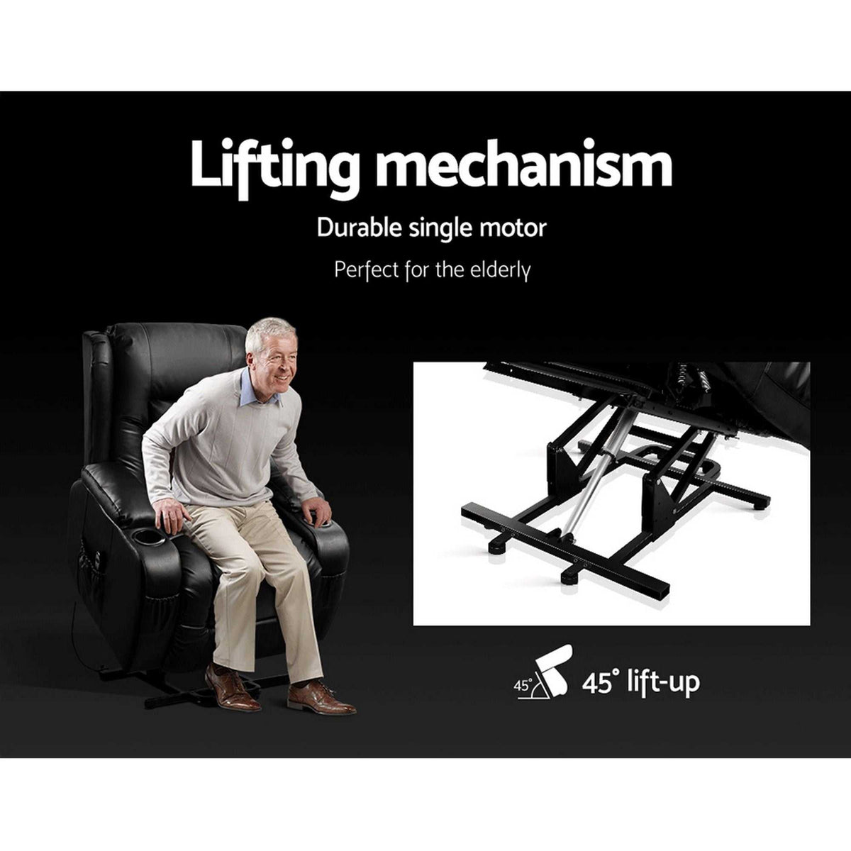 Black Artiss Recliner Chair with lift assist, heated massage, and adjustable footrest in PU leather
