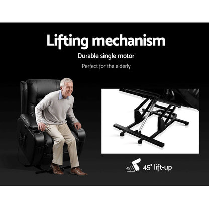 Black Artiss Recliner Chair with lift assist, heated massage, and adjustable footrest in PU leather