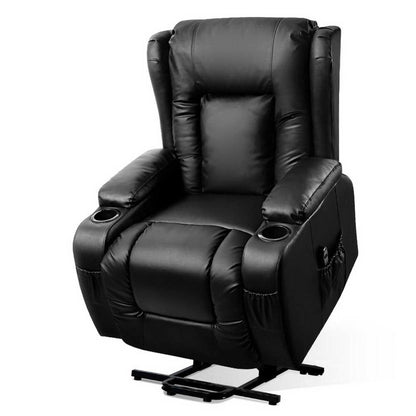 Black Artiss recliner chair with lift assist, heated 8-point massage, and premium PU leather upholstery