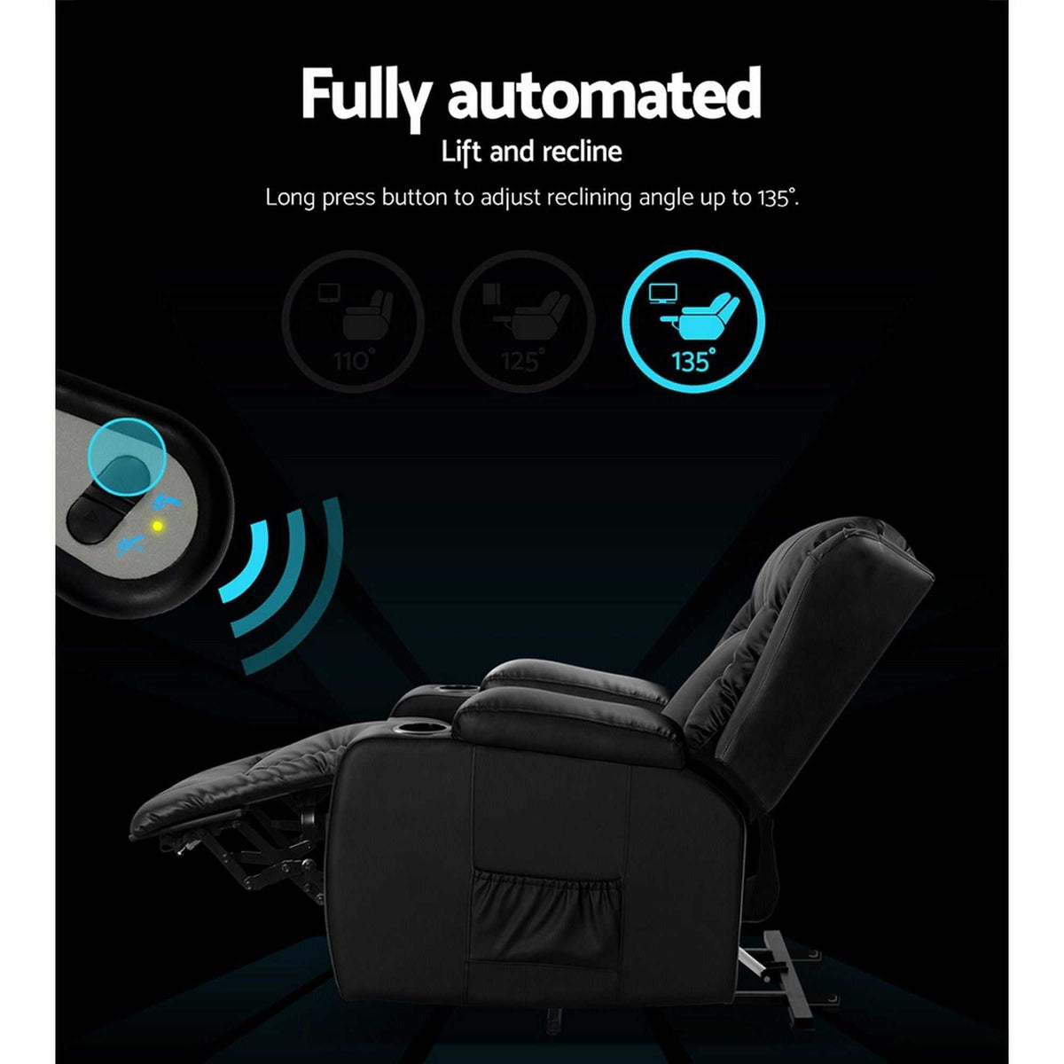 Black Artiss recliner chair with lift assist, heated 8-point massage, adjustable backrest and footrest, and premium PU leather upholstery