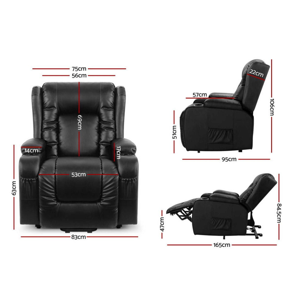Black Artiss recliner chair with lift assist and heated massage features