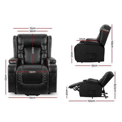 Black Artiss recliner chair with lift assist and heated massage features