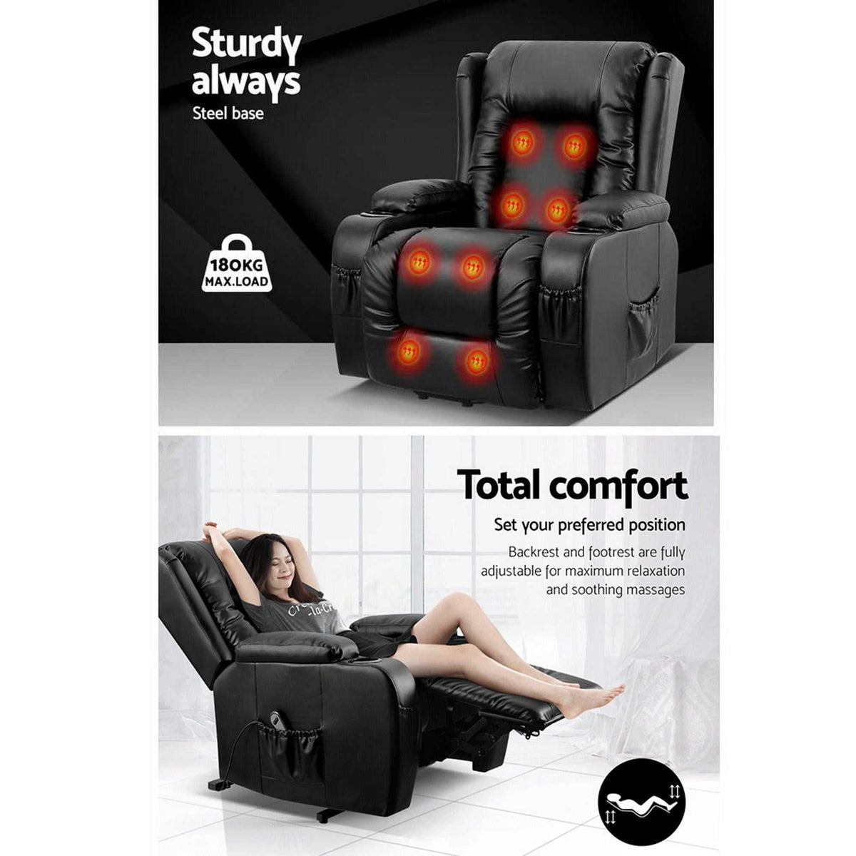 Artiss black leather recliner chair with lift assist and heated 8-point massage features