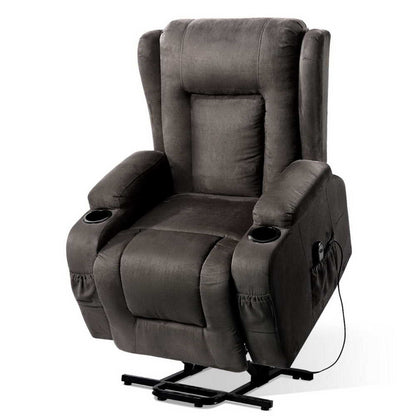 grey velvet Artiss recliner chair with lift assist and 8-point heated massage features