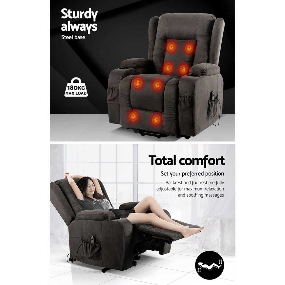 Grey Artiss recliner chair with lift assist, heated massage, and velvet suede upholstery