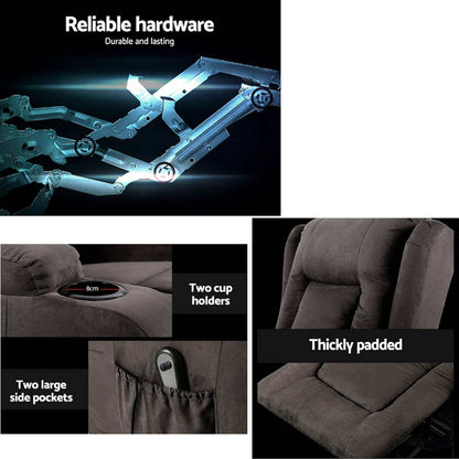 grey Artiss recliner chair with lift assist and heated massage features in velvet fabric