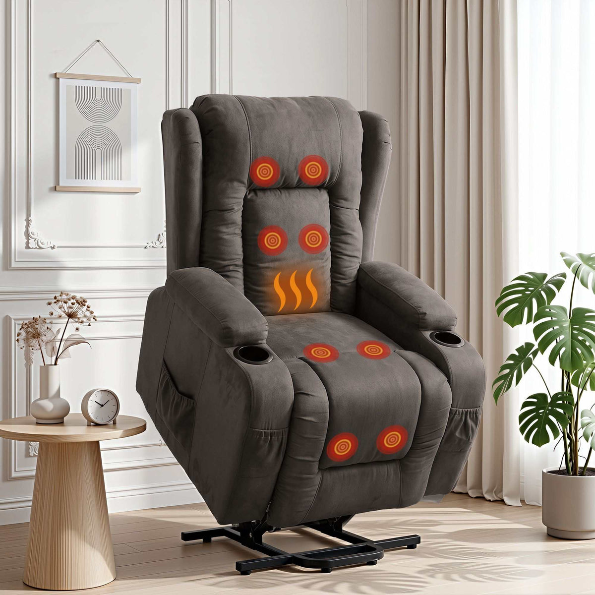 Grey Artiss recliner chair with lift assist, heated massage, and velvet upholstery