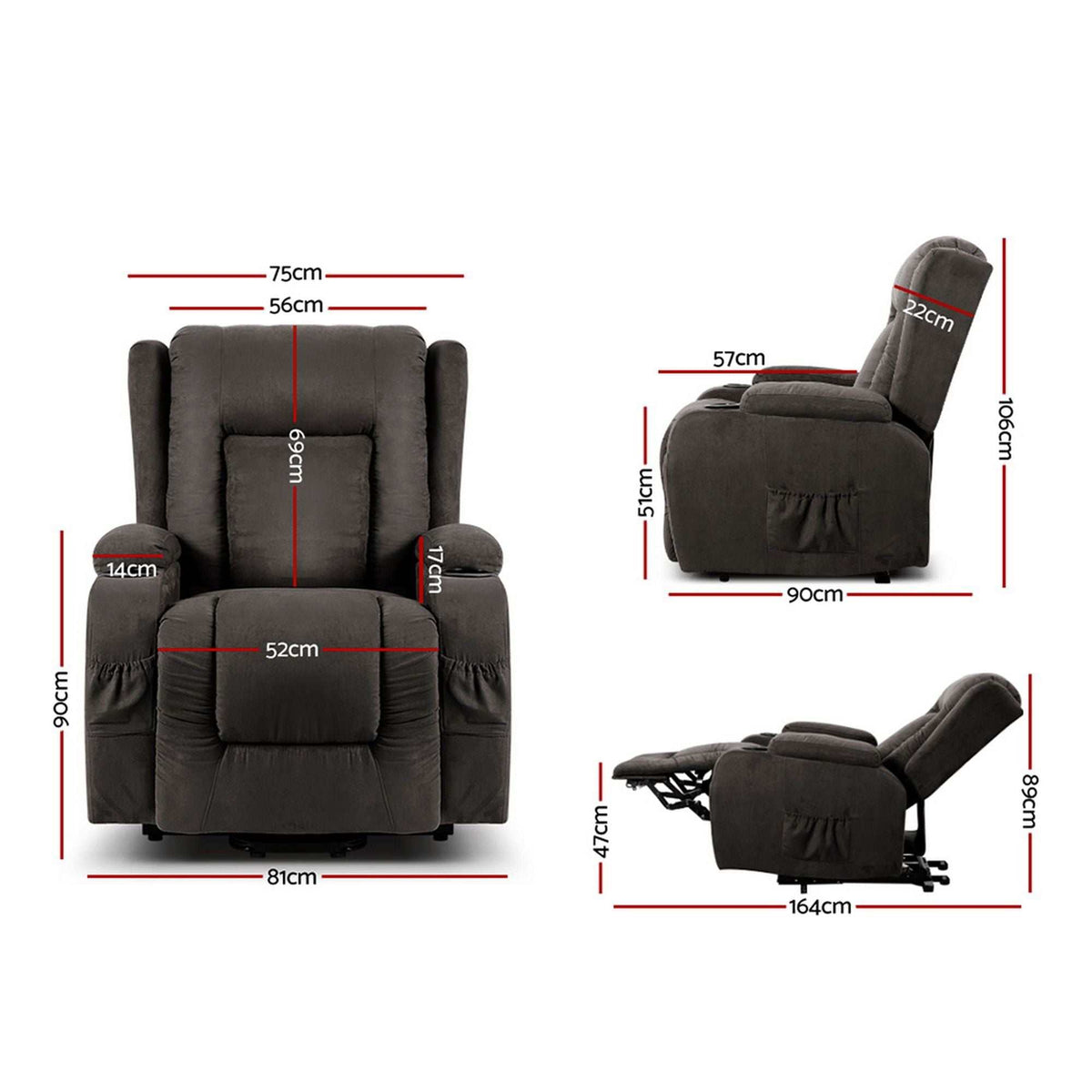 Artiss grey velvet recliner chair with lift assist and heated 8-point massage features
