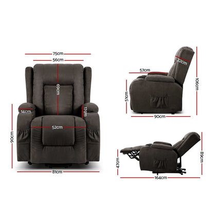 Artiss grey velvet recliner chair with lift assist and heated 8-point massage features
