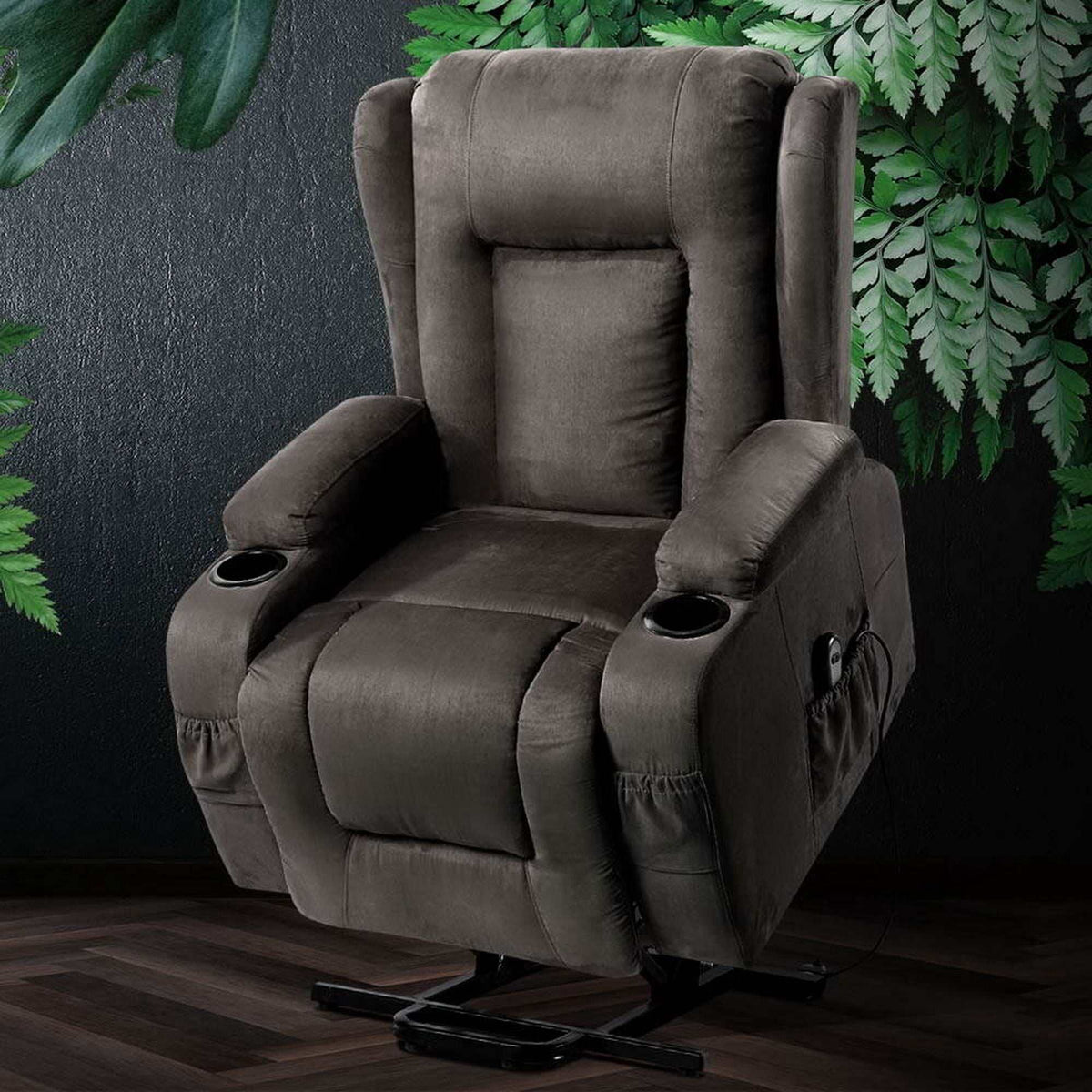 Artiss grey velvet recliner chair with lift assist and heated 8-point massage features