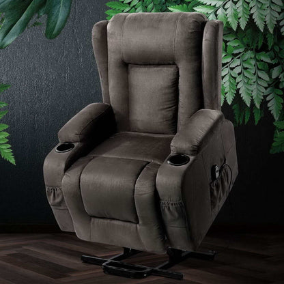 Artiss grey velvet recliner chair with lift assist and heated 8-point massage features