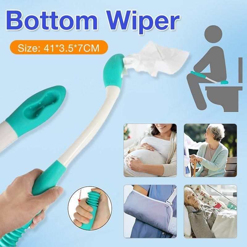 Bottom bum wiper toilet aid for elderly and disabled, ergonomic white and blue toilet paper cleaning stick