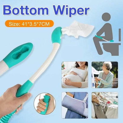 Bottom bum wiper toilet aid for elderly and disabled, ergonomic white and blue toilet paper cleaning stick