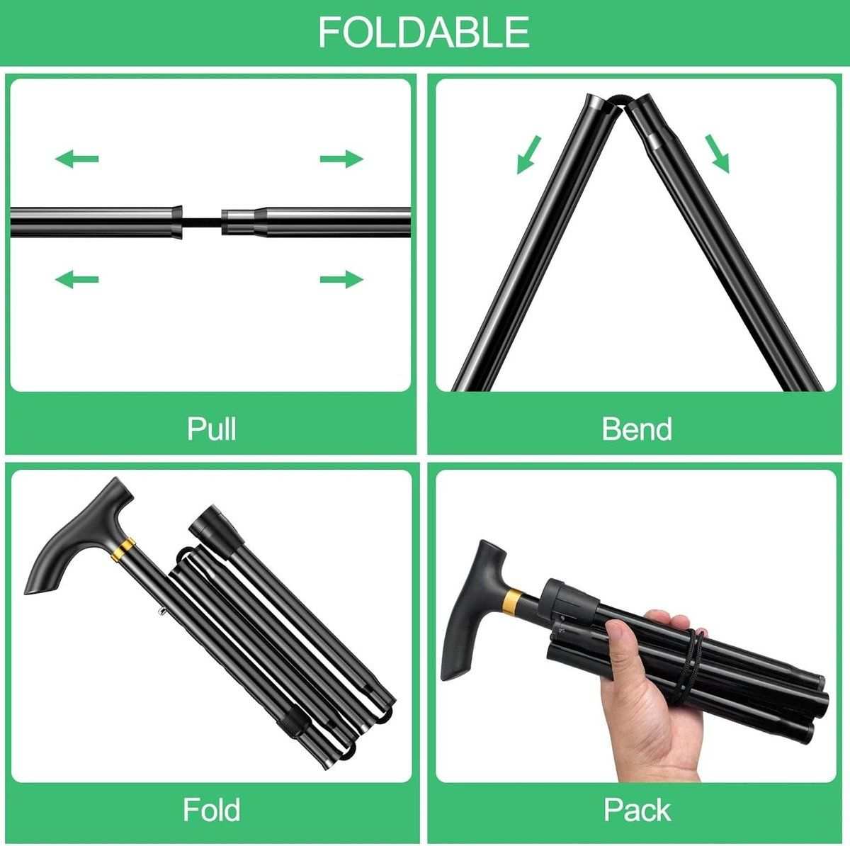 Foldable walking cane adjustable height ergonomic handle non-slip tip for elderly mobility support