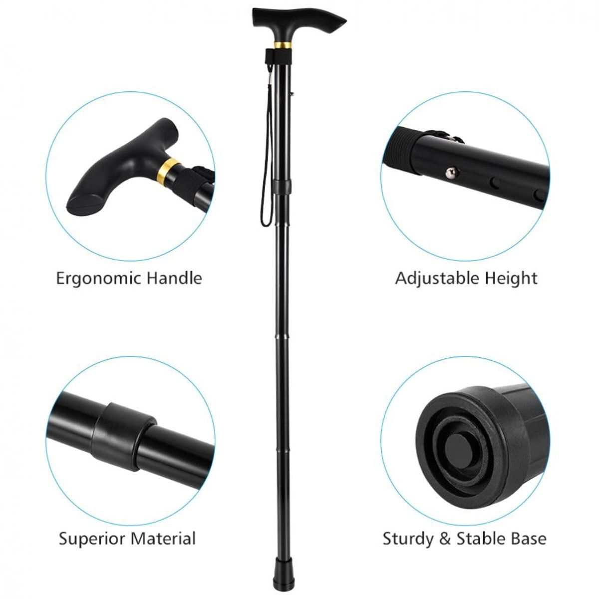 Foldable walking cane with adjustable height and ergonomic handle for elderly mobility and travel support