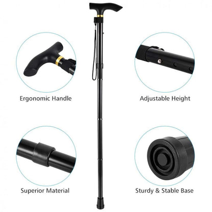 Foldable walking cane with adjustable height and ergonomic handle for elderly mobility and travel support