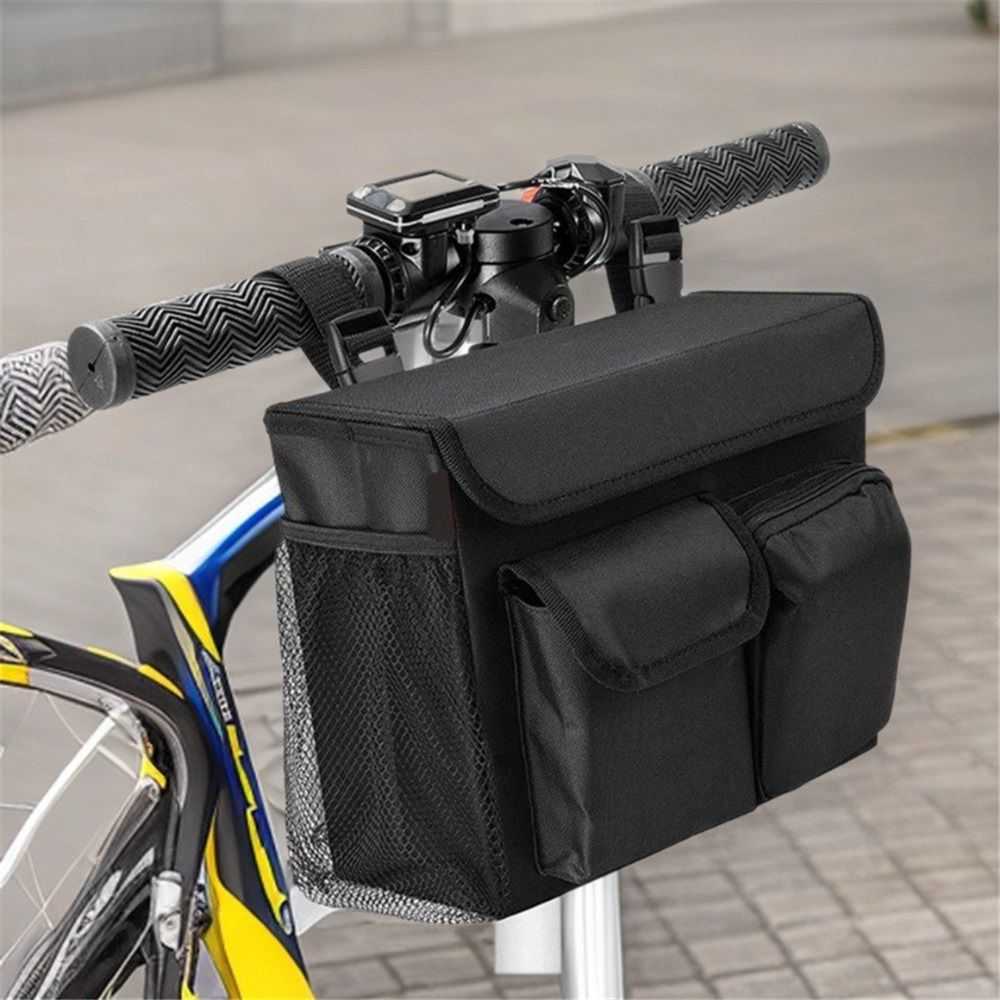 Electric scooter basket with laptop pocket, spacious compartments, cup holders, and adjustable strap for easy installation