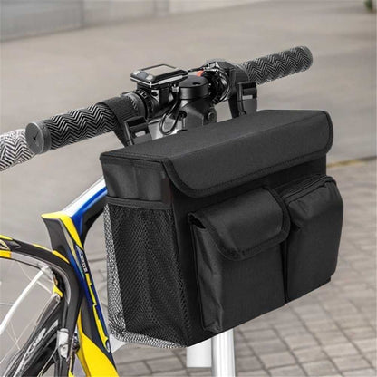 Electric scooter basket with laptop pocket, spacious compartments, cup holders, and adjustable strap for easy installation