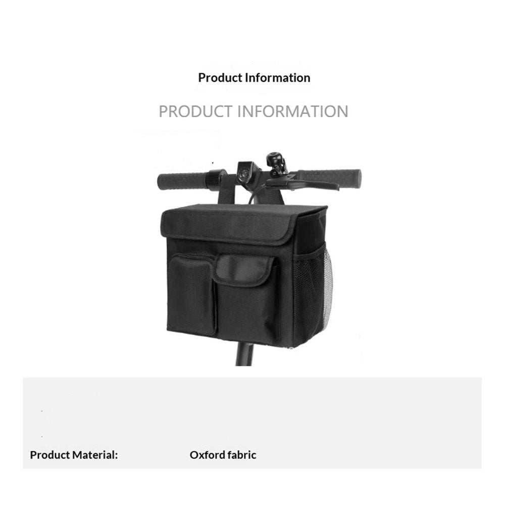 Electric scooter basket with laptop pocket, spacious compartments, and dual cup holders attached to scooter handlebars