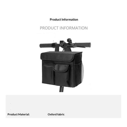 Electric scooter basket with laptop pocket, spacious compartments, and dual cup holders attached to scooter handlebars