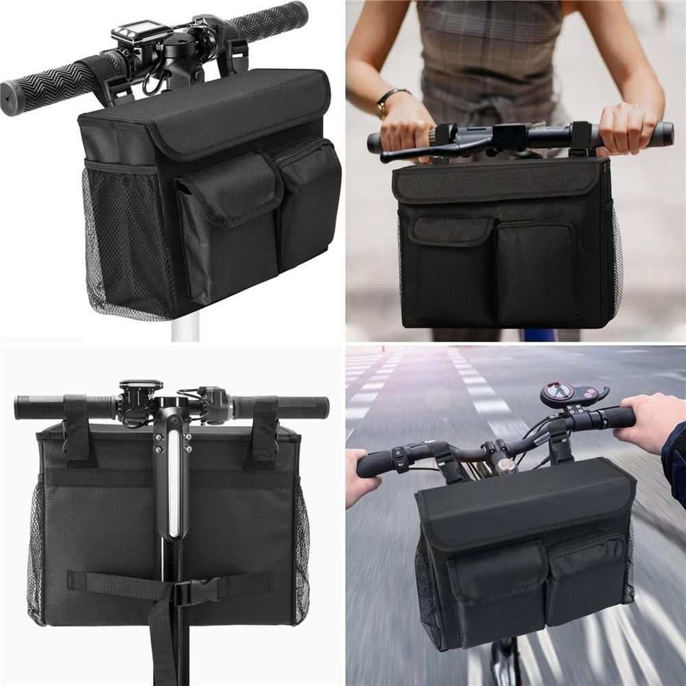 Electric scooter basket with laptop pocket, spacious storage, cup holders, and adjustable strap for easy installation