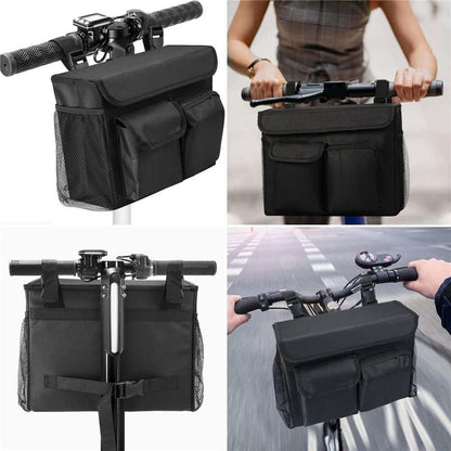 Electric scooter basket with laptop pocket, spacious storage, cup holders, and adjustable strap for easy installation