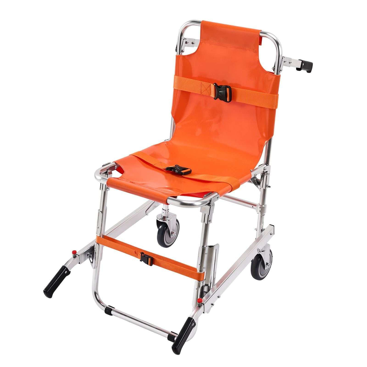 Foldable EMS stair chair with aluminum frame, 159 kg load capacity, two wheels, and safety belts for emergency evacuation