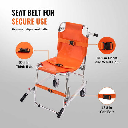 Foldable EMS stair chair with aluminum frame, 159 kg load capacity, safety belts, and two wheels for emergency evacuation.