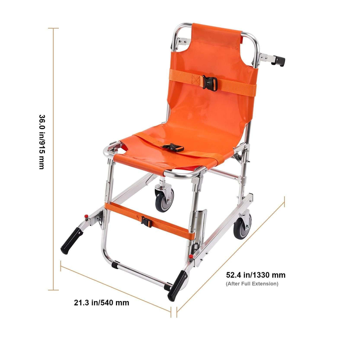Foldable EMS stair chair with aluminum frame, 159 kg load capacity, two wheels, and safety belts for emergency evacuation.