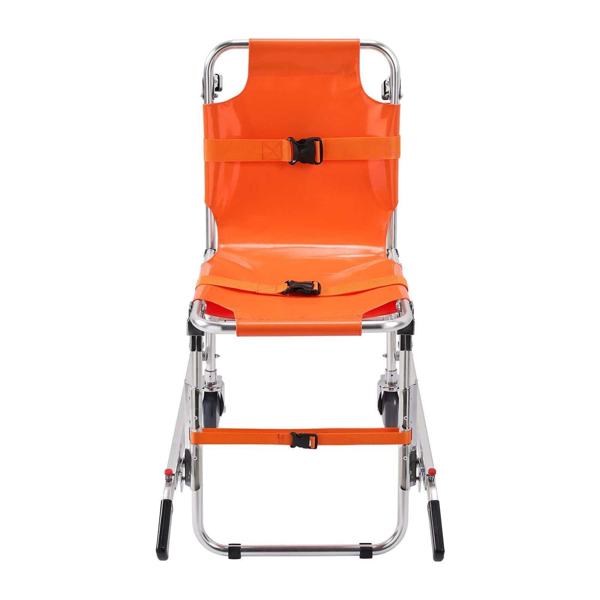 Foldable EMS stair chair with 159 kg load capacity, aluminum frame, safety belts, and portable wheels for emergency evacuation.