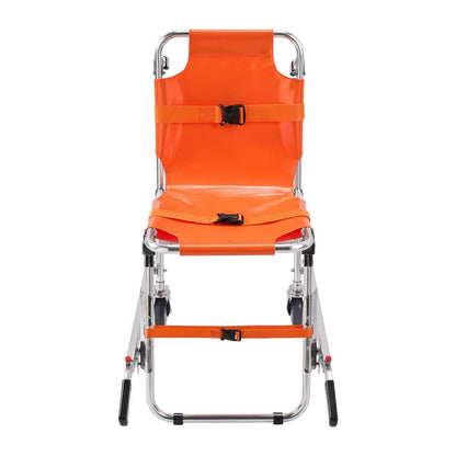 Foldable EMS stair chair with 159 kg load capacity, aluminum frame, safety belts, and portable wheels for emergency evacuation.