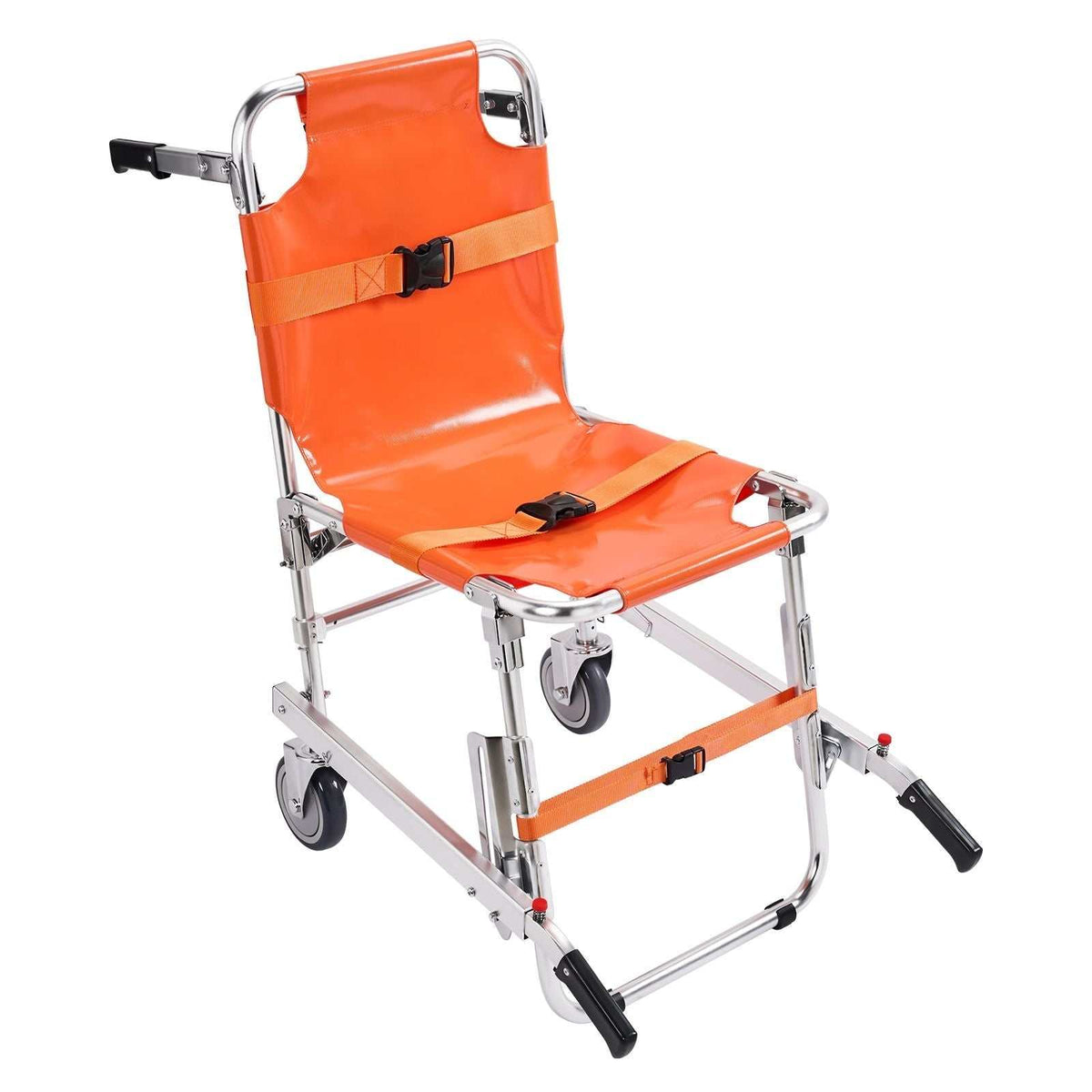 Foldable EMS stair chair with 2 wheels, aluminum frame, belts for safety, supporting up to 159 kg for emergency evacuation